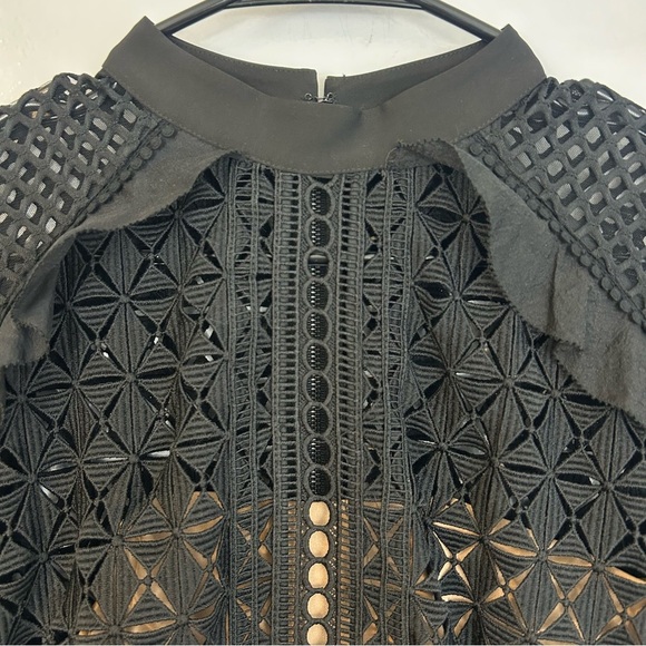 Self-Portrait Black Mesh/Tonal Lace Ruffle Long Sleeve Sheath Mini Dress Size 4 - Picture 7 of 16